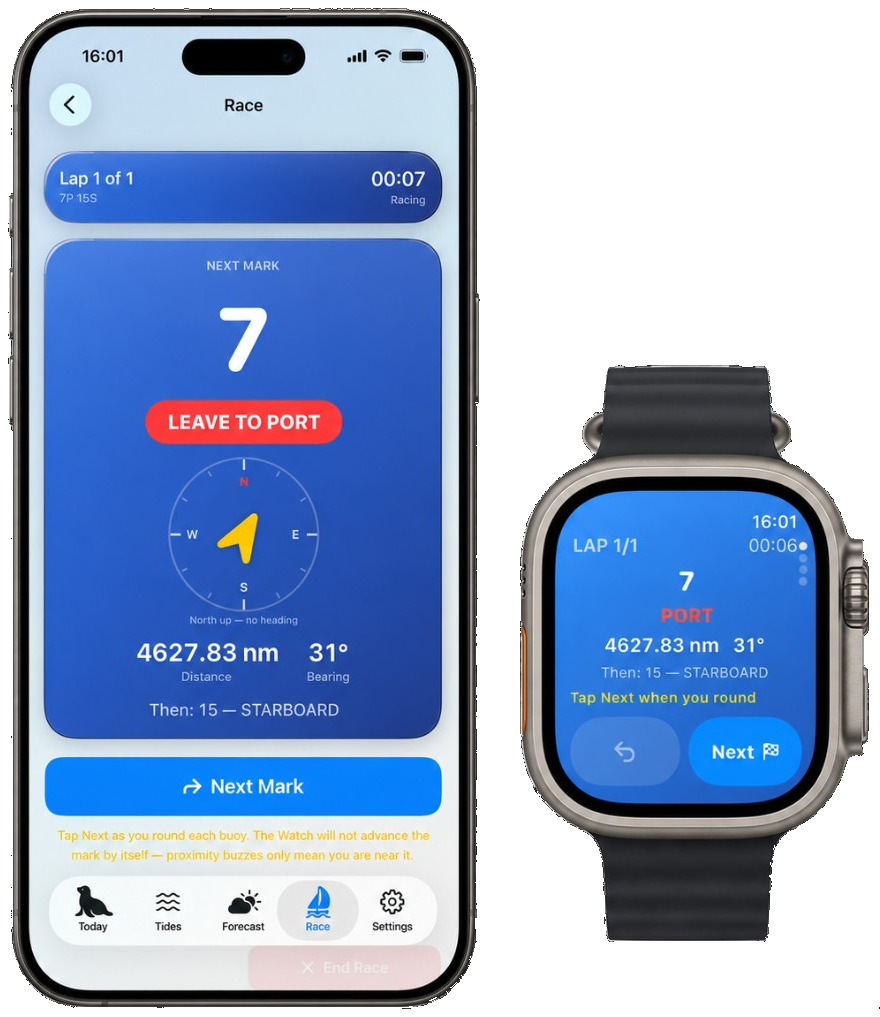 Morston Race Mode on iPhone and Apple Watch — next mark, leave to port
